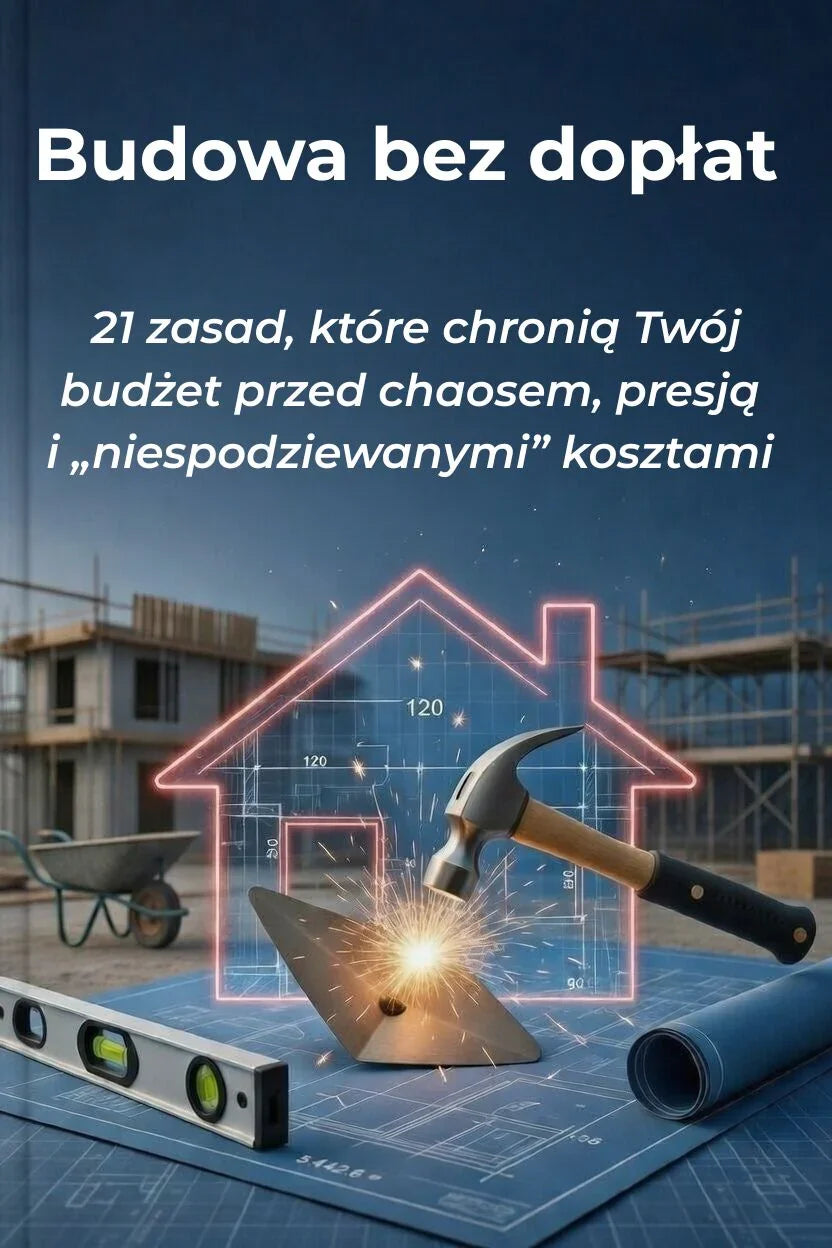 Narzędzia budowlane i projekt domu na tle placu budowy, budowa domu bez dopłat