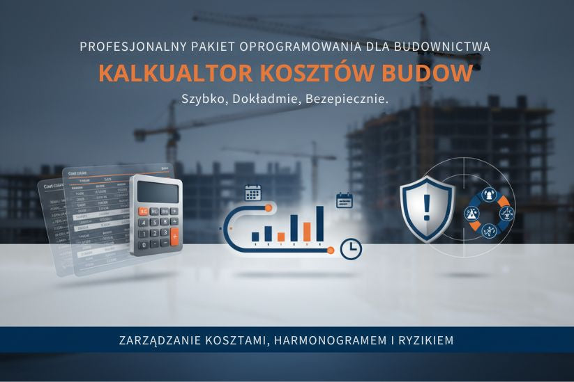 Kalkulator kosztów budowy 2026 Bundle KOMPLET od actwithsystem.com, zawiera narzędzia Premium, Gantt i Ryzyko, na ekranie komputera