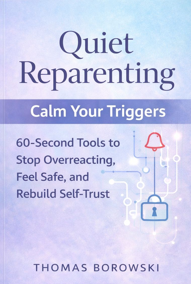 Book cover for "Quiet Reparenting" by Thomas Borowski, focusing on inner child healing, calming triggers, and emotional safety.
