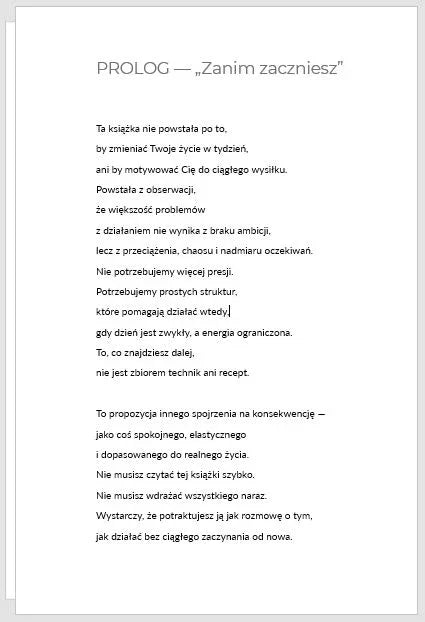 Strona tytułowa prologu książki motywacyjnej z tekstem po polsku, białe tło, czarna czcionka.