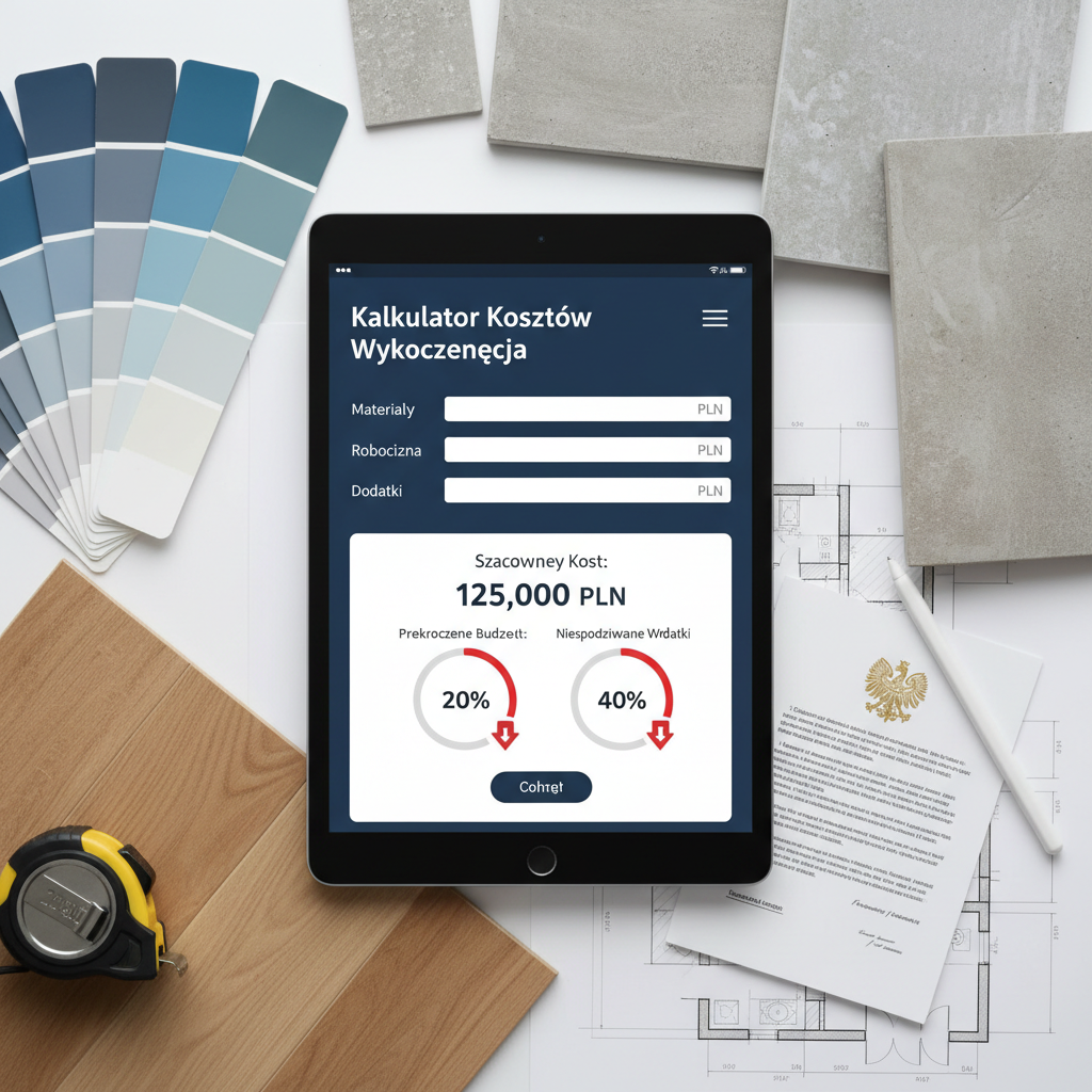 Kalkulator kosztów wykończenia od actwithsystem.com, pokazujący przekroczenie budżetu o 20-40% na kalkulatorze budowy.