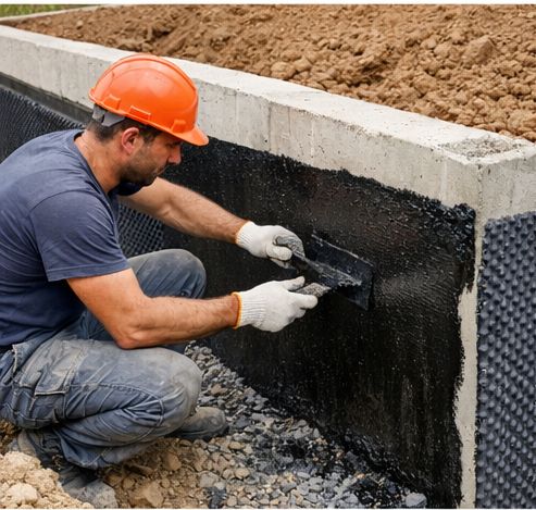 Izolacja fundamentów domu, pracownik nakłada hydroizolację na betonowy fundament