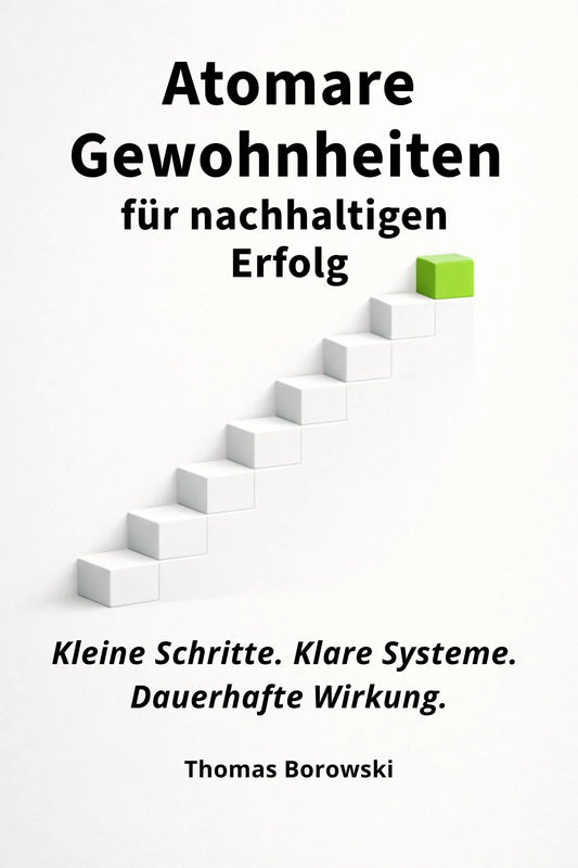 Okładka książki Atomare Gewohnheiten, białe schody z zielonym stopniem, minimalistyczny design