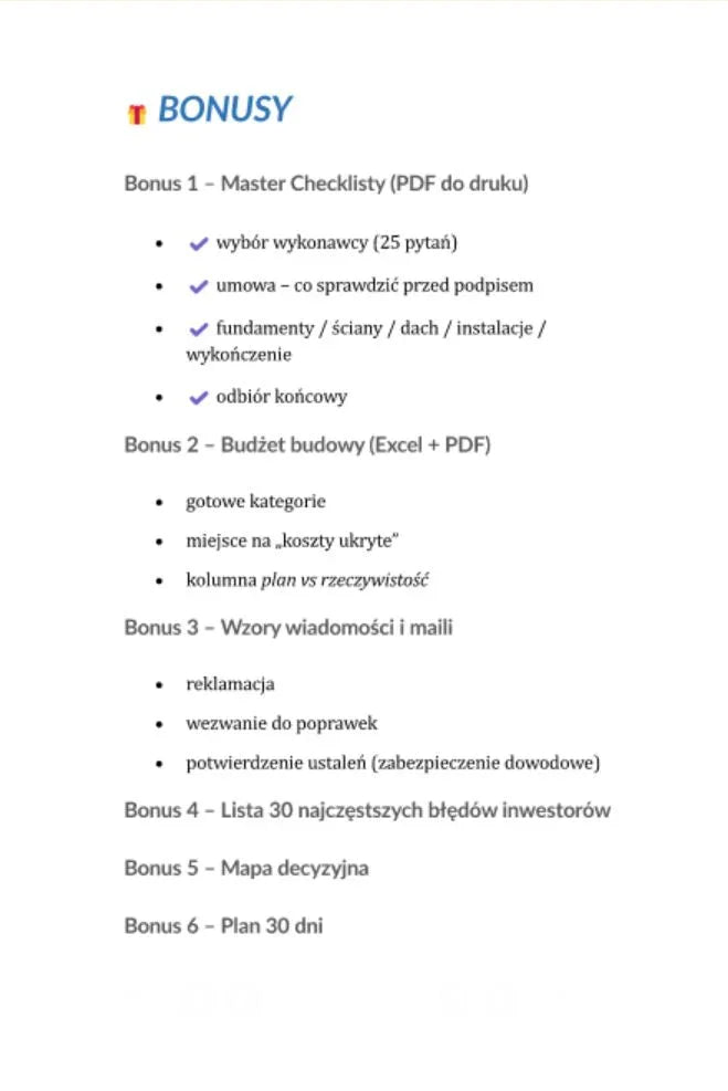 Lista bonusów PDF i Excel do budowy domu: checklisty, budżet, wzory wiadomości, mapa decyzyjna.