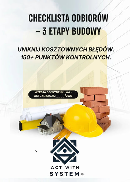 Checklista odbiorów budowy, żółty kask, poziomica, dom, cegły, projekty budowlane