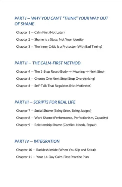 Spis treści poradnika o metodzie Calm-First, rozdziały dotyczące wstydu, samoregulacji i praktyki codziennej.