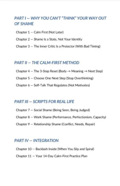 Spis treści poradnika o metodzie Calm-First, rozdziały dotyczące wstydu, samoregulacji i praktyki codziennej.