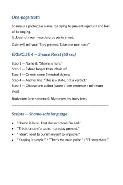 Ćwiczenie resetujące wstyd, lista kroków i bezpieczny język emocjonalny, tekst na białym tle.