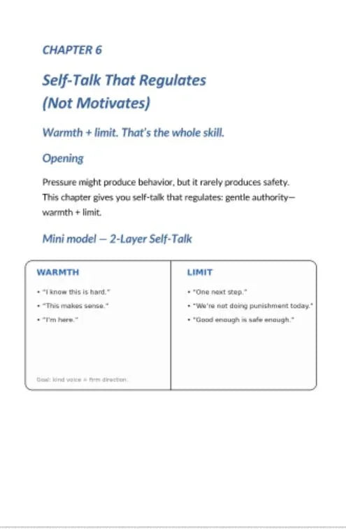 Strona książki o samoregulacji, model dialogu wewnętrznego: ciepło i granice, przykłady zdań.