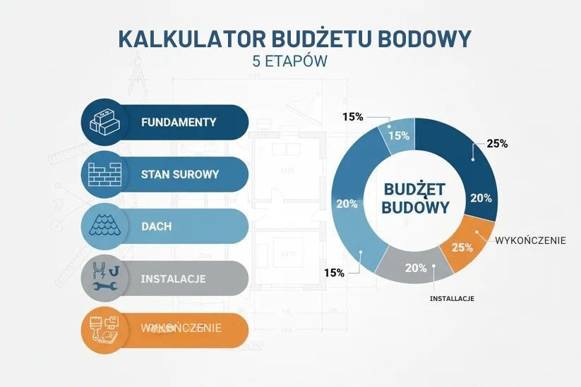 Kalkulator kosztów etapów budowy od actwithsystem.com, pokazujący ekran z kalkulacją kosztów budowy domu.