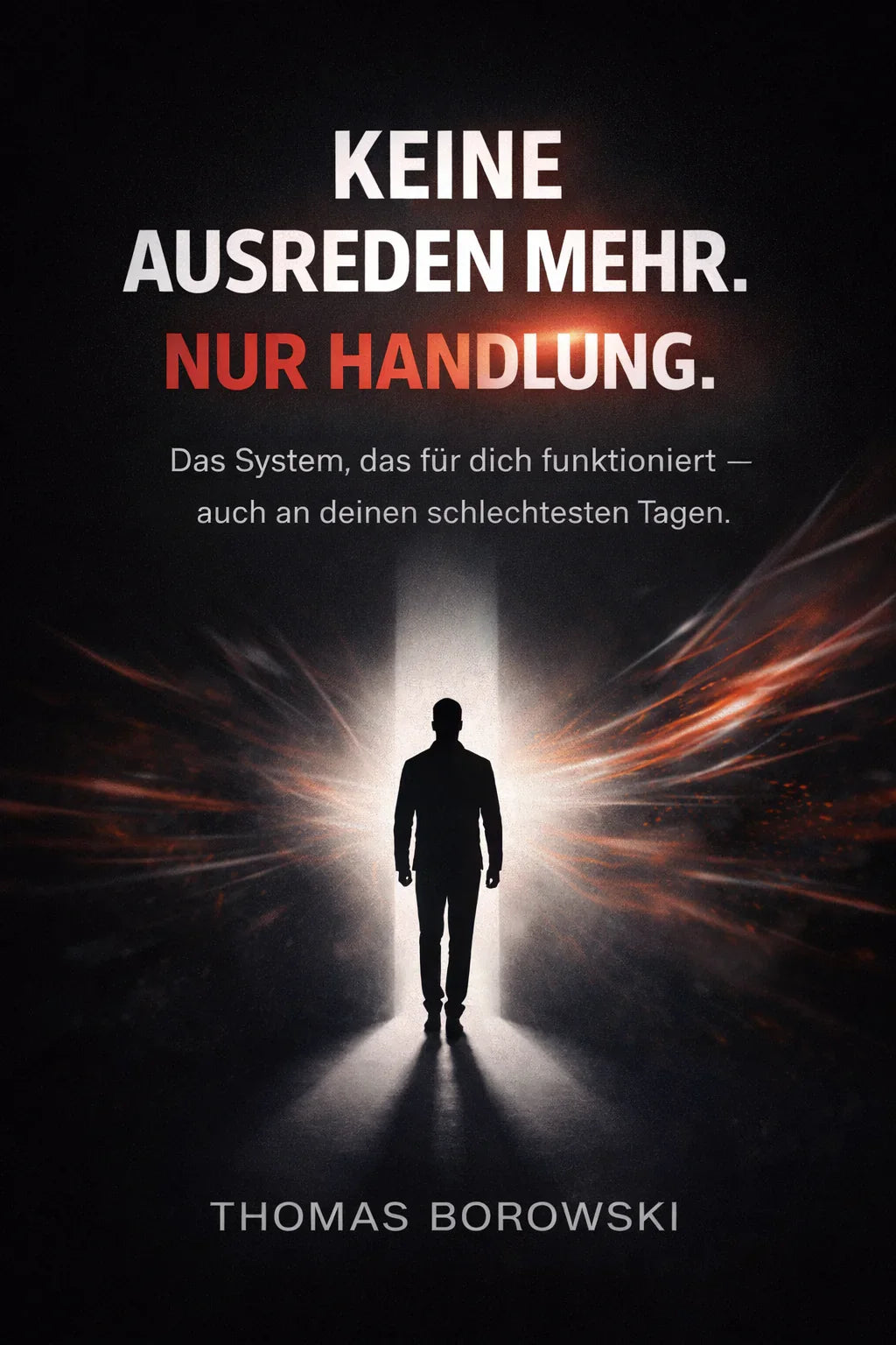 Okładka książki motywacyjnej, sylwetka mężczyzny w świetle, napisy o działaniu i systemie.