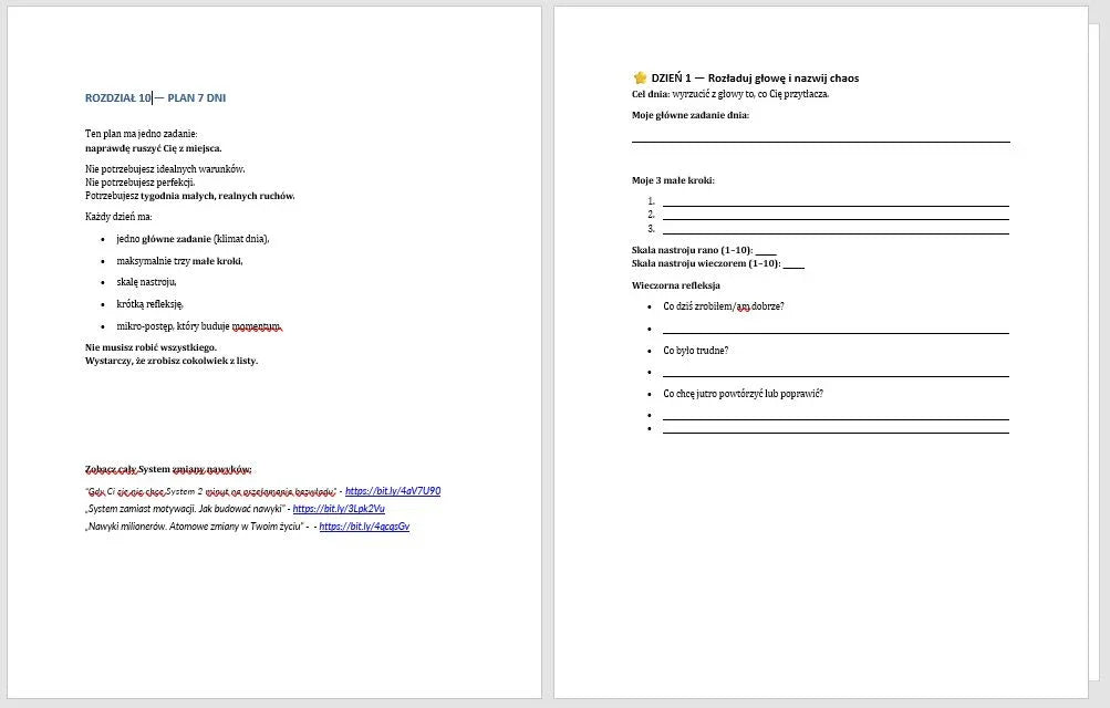 Dwie strony poradnika planu 7 dni, lista zadań i refleksja dnia na białym tle, tekst po polsku.