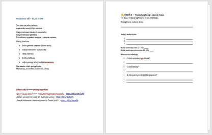 Dwie strony poradnika planu 7 dni, lista zadań i refleksja dnia na białym tle, tekst po polsku.