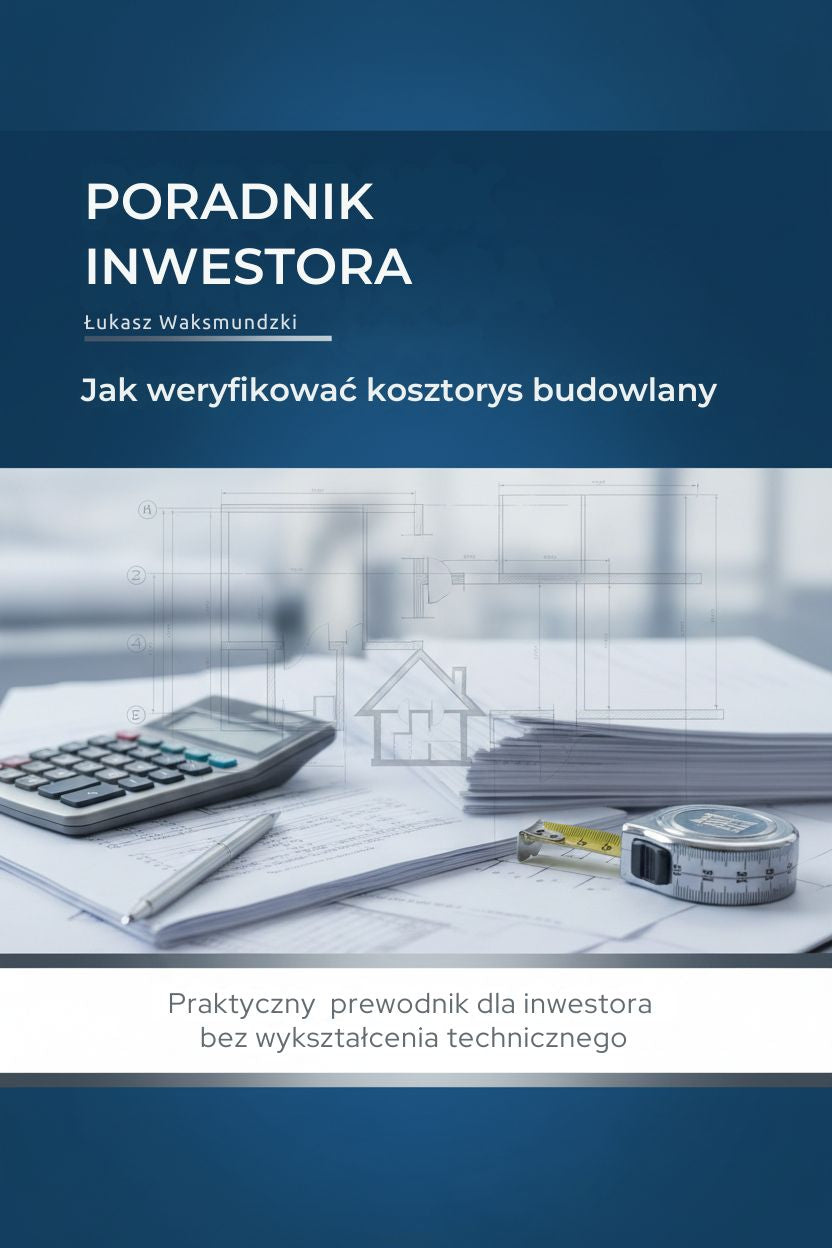 Poradnik inwestora „Jak weryfikować kosztorys budowlany” autor Lukasz Waksmundzki, okładka książki, grafika z tekstem.