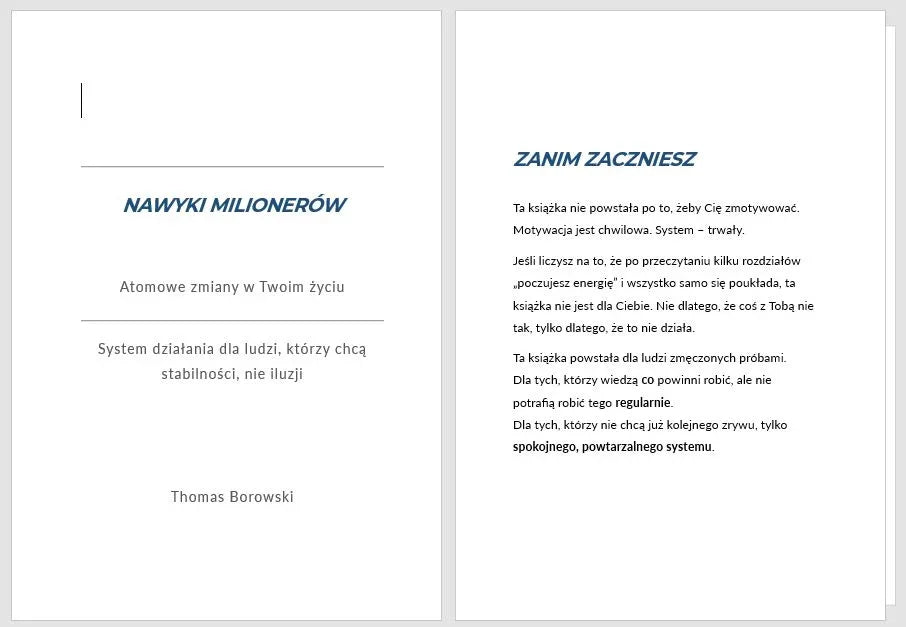 Strony książki Nawyki Milionerów, atomowe zmiany, system działania, Thomas Borowski, poradnik