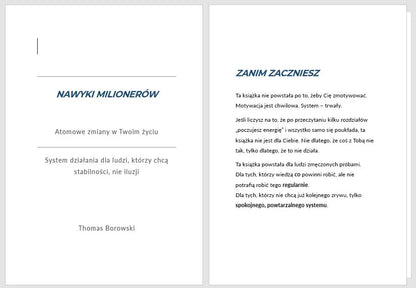 Strony książki Nawyki Milionerów, atomowe zmiany, system działania, Thomas Borowski, poradnik