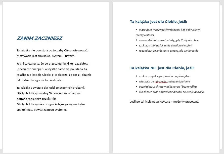 Podwójna strona książki o budowie domu, tekst o systemowych zmianach i motywacji.