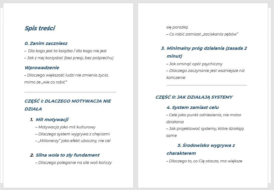 Spis treści poradnika o budowie domu i skutecznych systemach działania, podział na rozdziały.