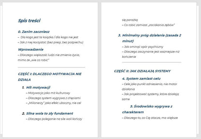 Spis treści poradnika o budowie domu i skutecznych systemach działania, podział na rozdziały.