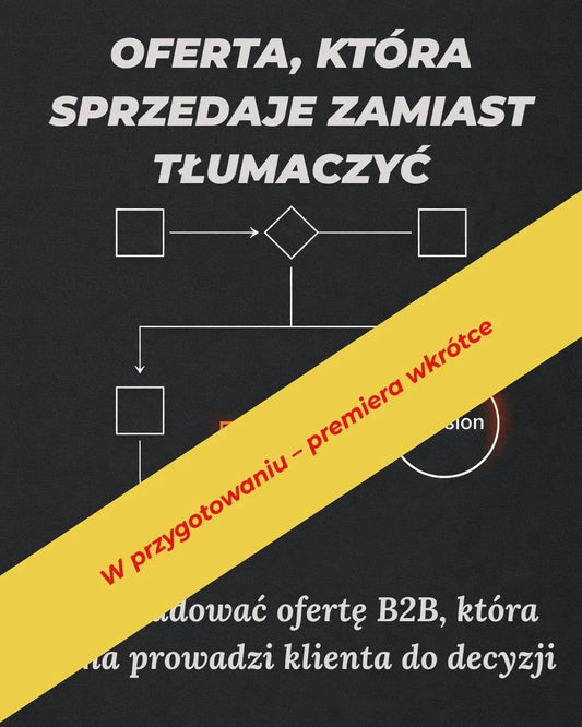 Czarny baner z napisem "Oferta, która sprzedaje zamiast tłumaczyć", schematem oferty B2B i żółtym paskiem informującym o premierze produktu wkrótce.