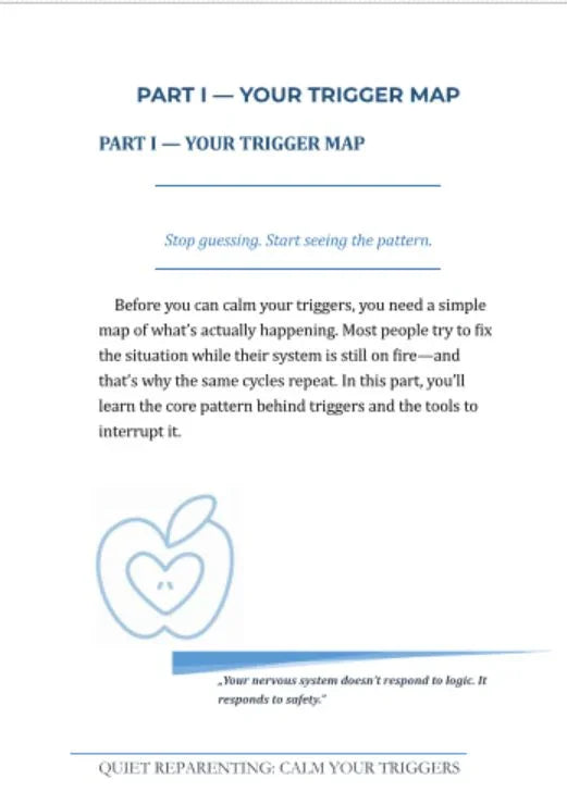 Strona poradnika z tekstem o mapie wyzwalaczy i rysunkiem jabłka, samoregulacja emocji