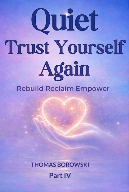 Okładka książki z napisem „Quiet Trust Yourself Again”, dłoń trzymająca świecące serce, fioletowe tło