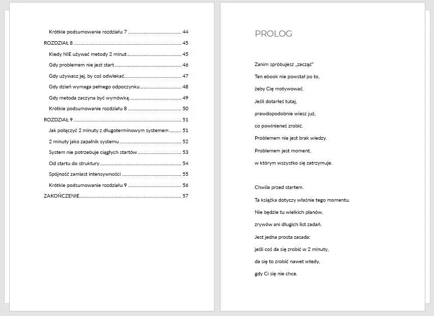 Zdjęcie dwóch stron e-booka, z widocznym spisem treści oraz prologiem o budowie domu bez stresu.