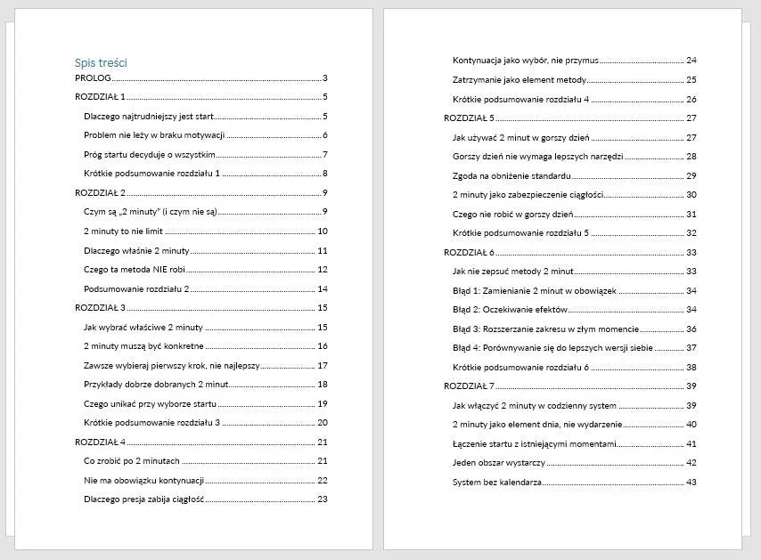 Spis treści poradnika o budowaniu systemów działania i przezwyciężaniu lenistwa, dwie strony.