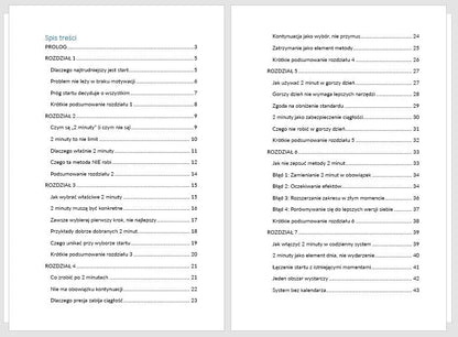 Spis treści poradnika o budowaniu systemów działania i przezwyciężaniu lenistwa, dwie strony.