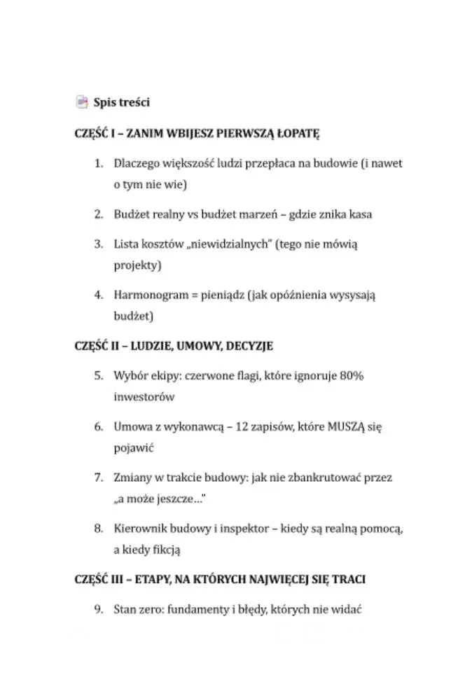 Spis treści poradnika budowa domu: etapy, koszty, umowy, wybór ekipy, najczęstsze błędy.