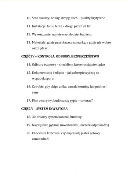 Spis treści poradnika budowa domu, kontrola budowy, bezpieczeństwo, lista pytań inwestora