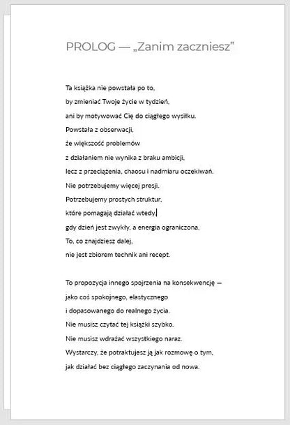 Strona tytułowa prologu książki motywacyjnej z tekstem po polsku, białe tło, czarna czcionka.