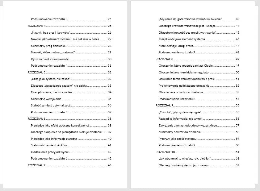 Spis treści poradnika o systemach działania, na dwóch stronach widoczne tytuły rozdziałów i podrozdziałów.