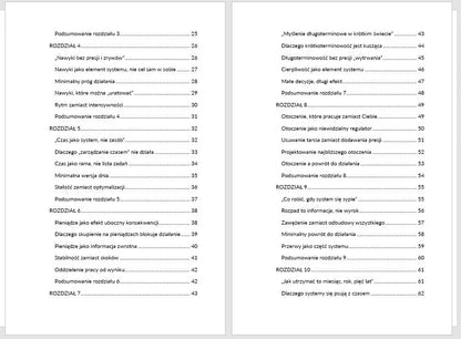 Spis treści poradnika o systemach działania, na dwóch stronach widoczne tytuły rozdziałów i podrozdziałów.
