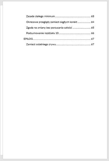 Spis treści książki o systematycznym działaniu, zasady i epilog na białym tle