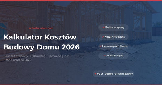 Premium Kalkulator Kosztów Budowy Domu 2026 by actwithsystem.com, showing the software interface on a computer screen.