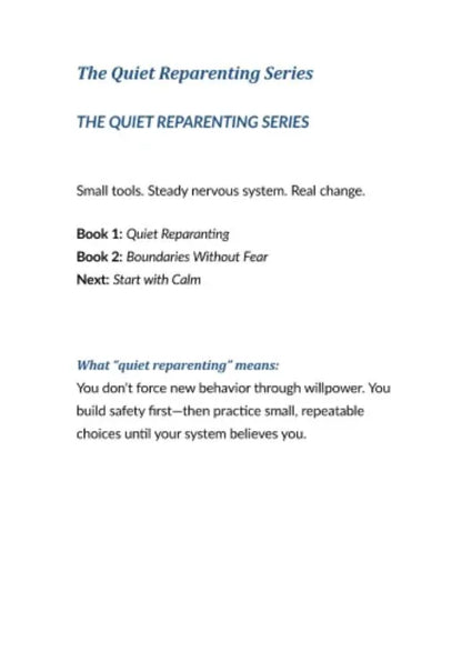 Strona informacyjna serii Quiet Reparenting, tytuły książek, opis metody na spokojny system nerwowy.