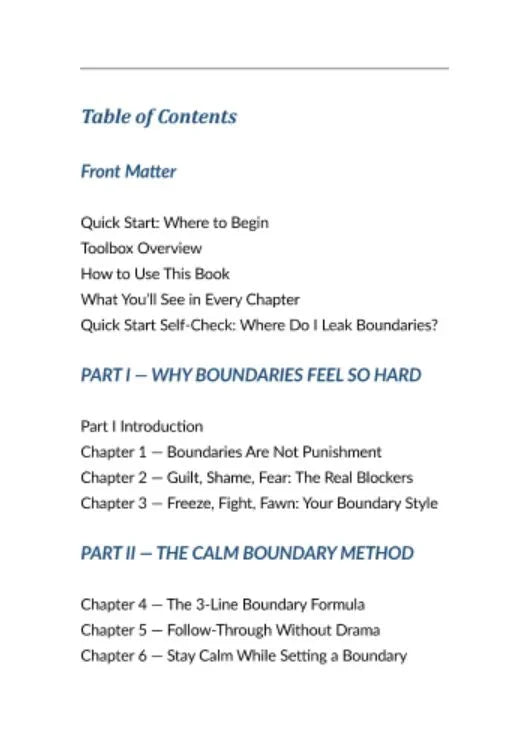 Spis treści książki o granicach i metodach wyznaczania granic, rozdziały o blokadach emocjonalnych.