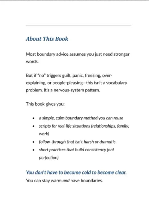 Strona książki opisująca metody budowania granic i radzenia sobie ze stresem, lista korzyści.