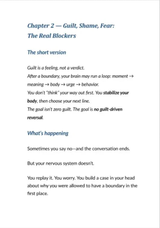 Strona poradnika o budowie granic, rozdział o poczuciu winy i lęku, tekst po angielsku