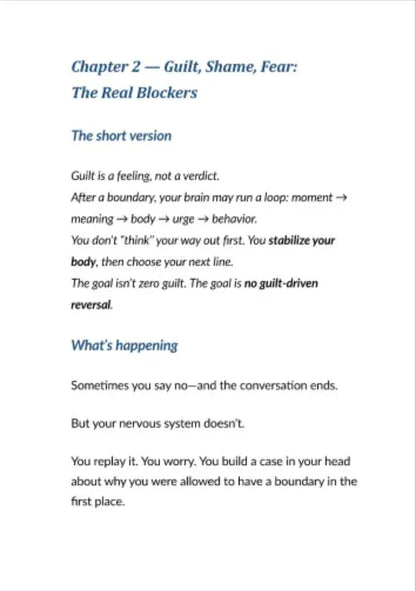 Strona poradnika o budowie granic, rozdział o poczuciu winy i lęku, tekst po angielsku