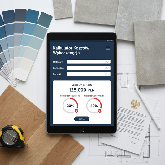 Kalkulator kosztów wykończenia od actwithsystem.com, pokazujący przekroczenie budżetu o 20-40% na kalkulatorze budowy.