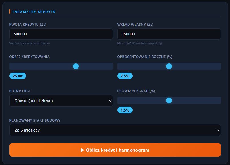 Ebook "Kalkulator Kredytu Hipotecznego na Budowę" od actwithsystem.com, obraz przedstawia ekran kalkulatora kredytowego.