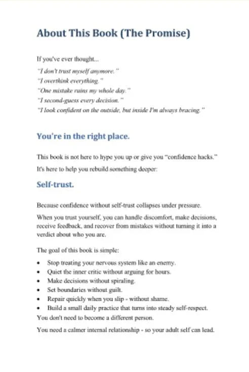 Strona książki opisująca znaczenie samodzielnego zaufania i prezentująca listę celów rozwoju osobistego.