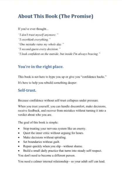 Strona książki opisująca znaczenie samodzielnego zaufania i prezentująca listę celów rozwoju osobistego.