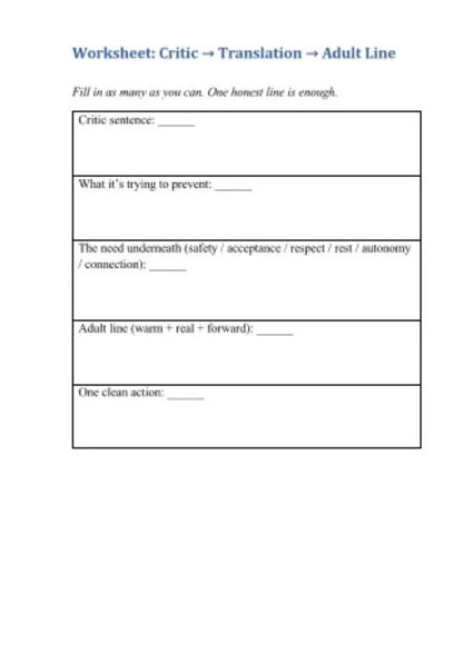 Arkusz do pracy osobistej z polami do wpisania: zdanie krytyka, intencja, potrzeba, dorosła odpowiedź, czysta akcja.