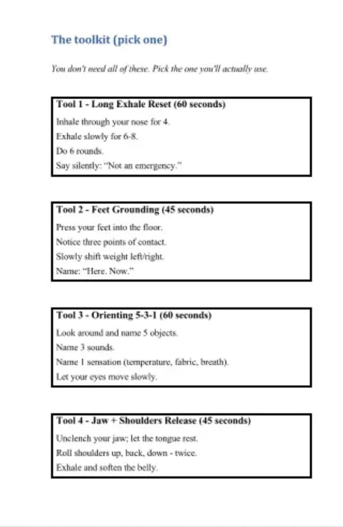 Lista czterech narzędzi do redukcji stresu: techniki oddechowe, uziemianie stóp, orientacja 5-3-1, rozluźnianie szczęki i barków, przedstawione w prostych ramkach na białym tle.