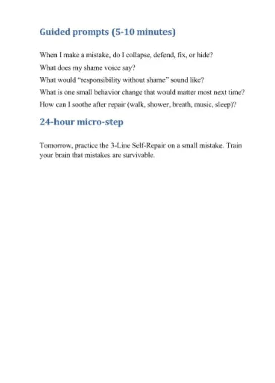 Lista pytań coachingowych i mikro-krok naprawczy, tekst motywacyjny na białym tle.