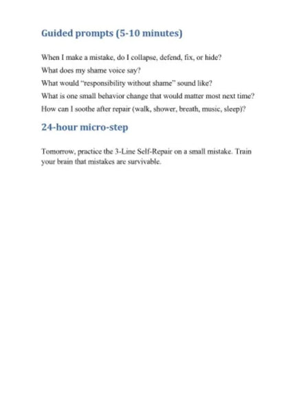 Lista pytań coachingowych i mikro-krok naprawczy, tekst motywacyjny na białym tle.